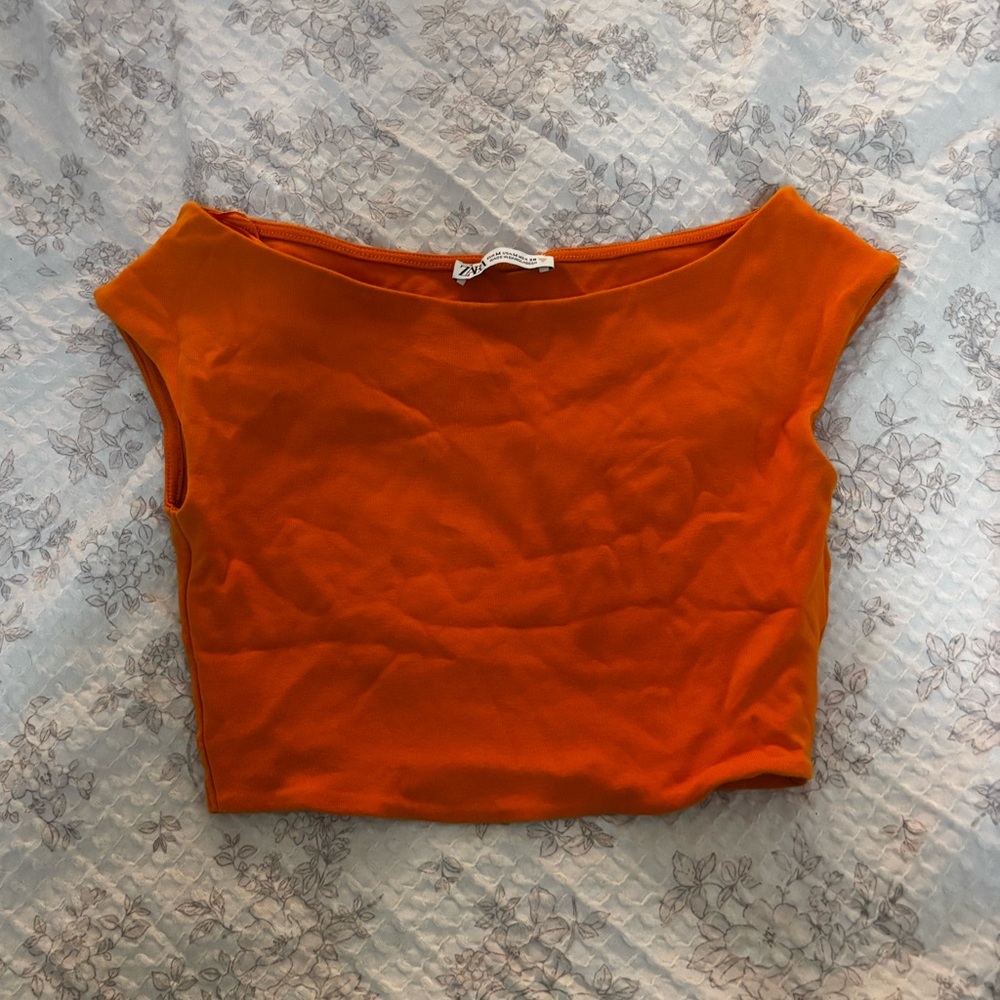 Zara Bright Orange Boatneck Crop Top